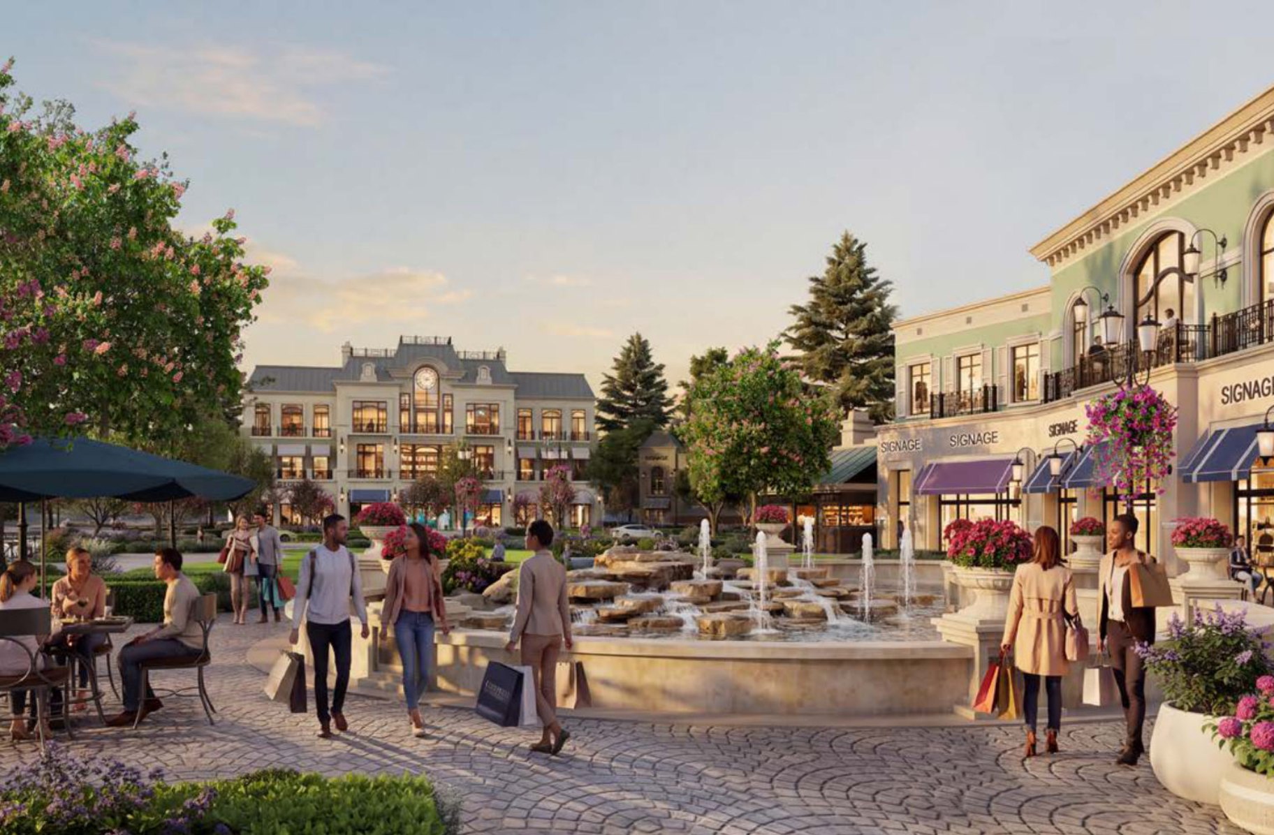 Dragonsteel Plaza rendering with fountain plaza, retail storefronts and hotel